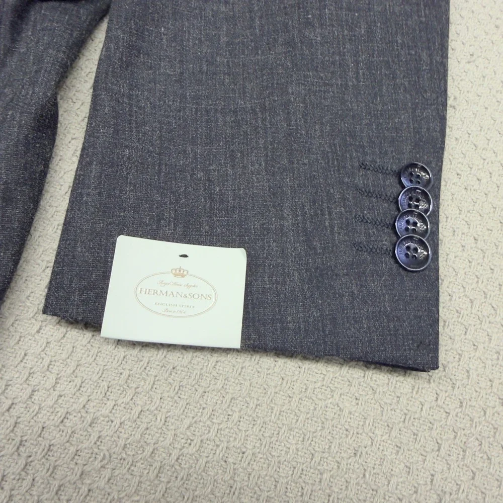 Herman & Sons Blazer Jacket Mens 48R Charcoal Grey Stretch Two Button Sport Coat